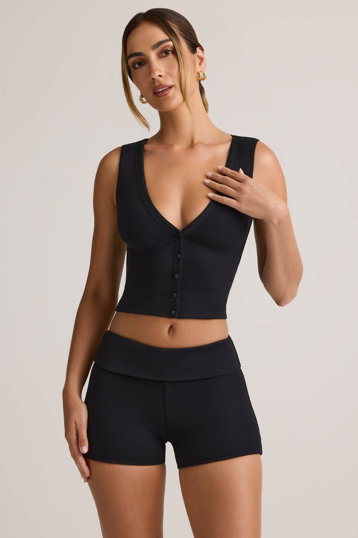 Chic Modal Ribbed Button-Up Vest Top in Black