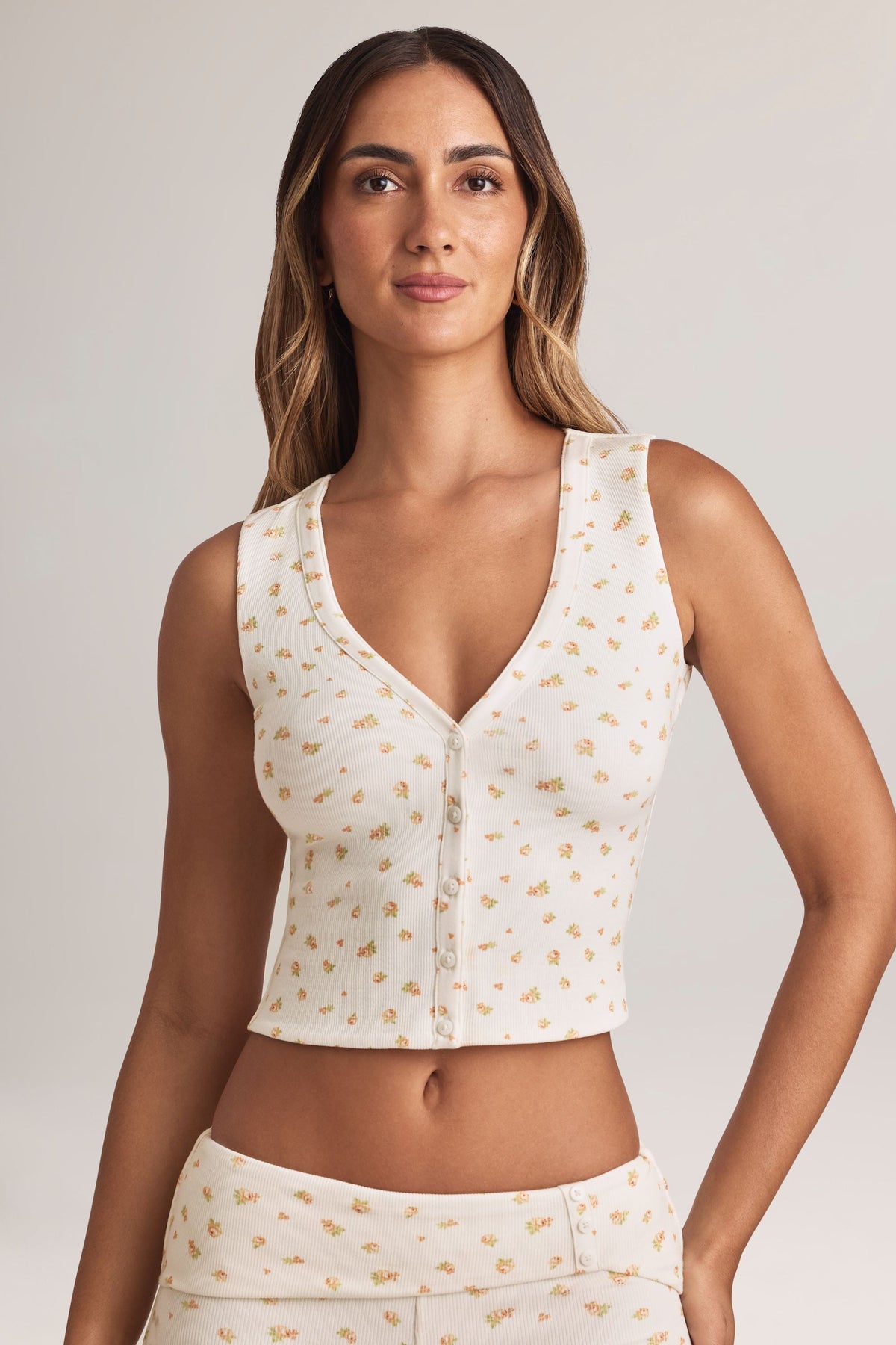 Chic Modal Ribbed Button-Up Vest Top in Floral Print