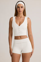 Chic Modal Ribbed Button-Up Vest Top in White