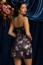 Chic Strapless Structured Tulip Mini Dress in Black Floral Print