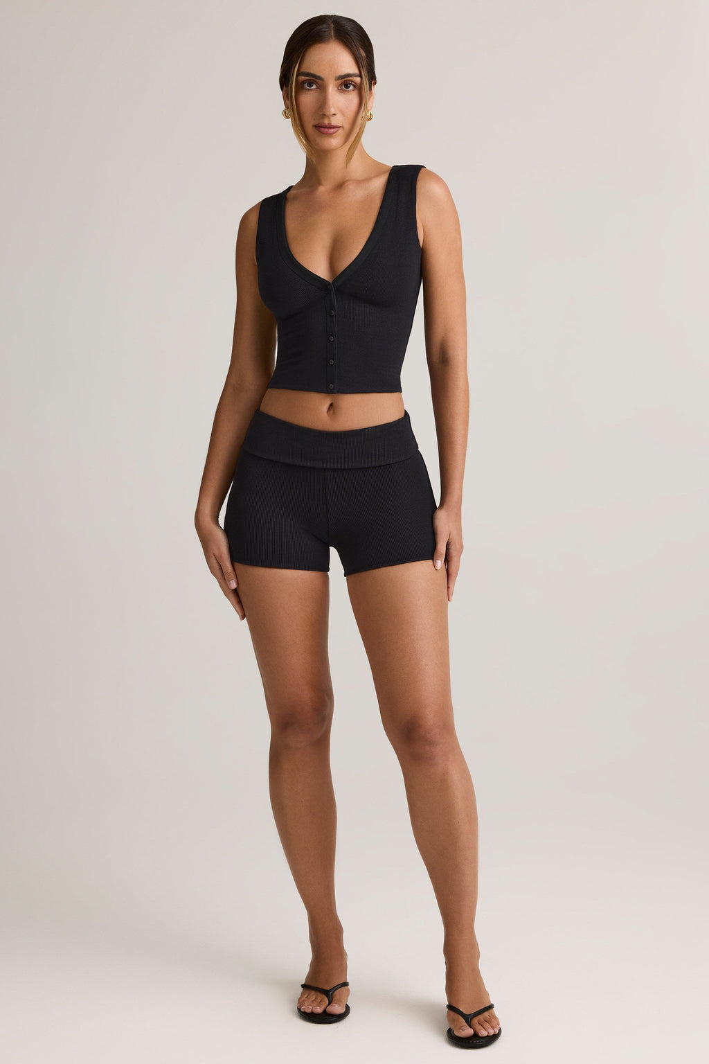 Chic Modal Ribbed Mid-Rise Foldover Shorts in Black