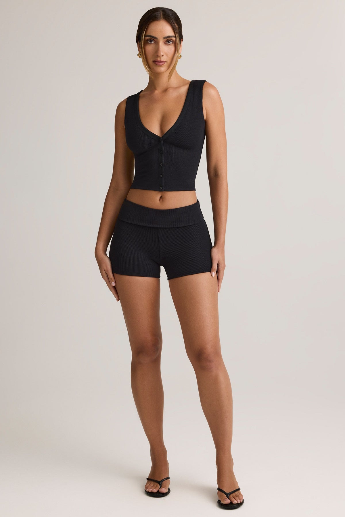 Chic Modal Ribbed Mid-Rise Foldover Shorts in Black