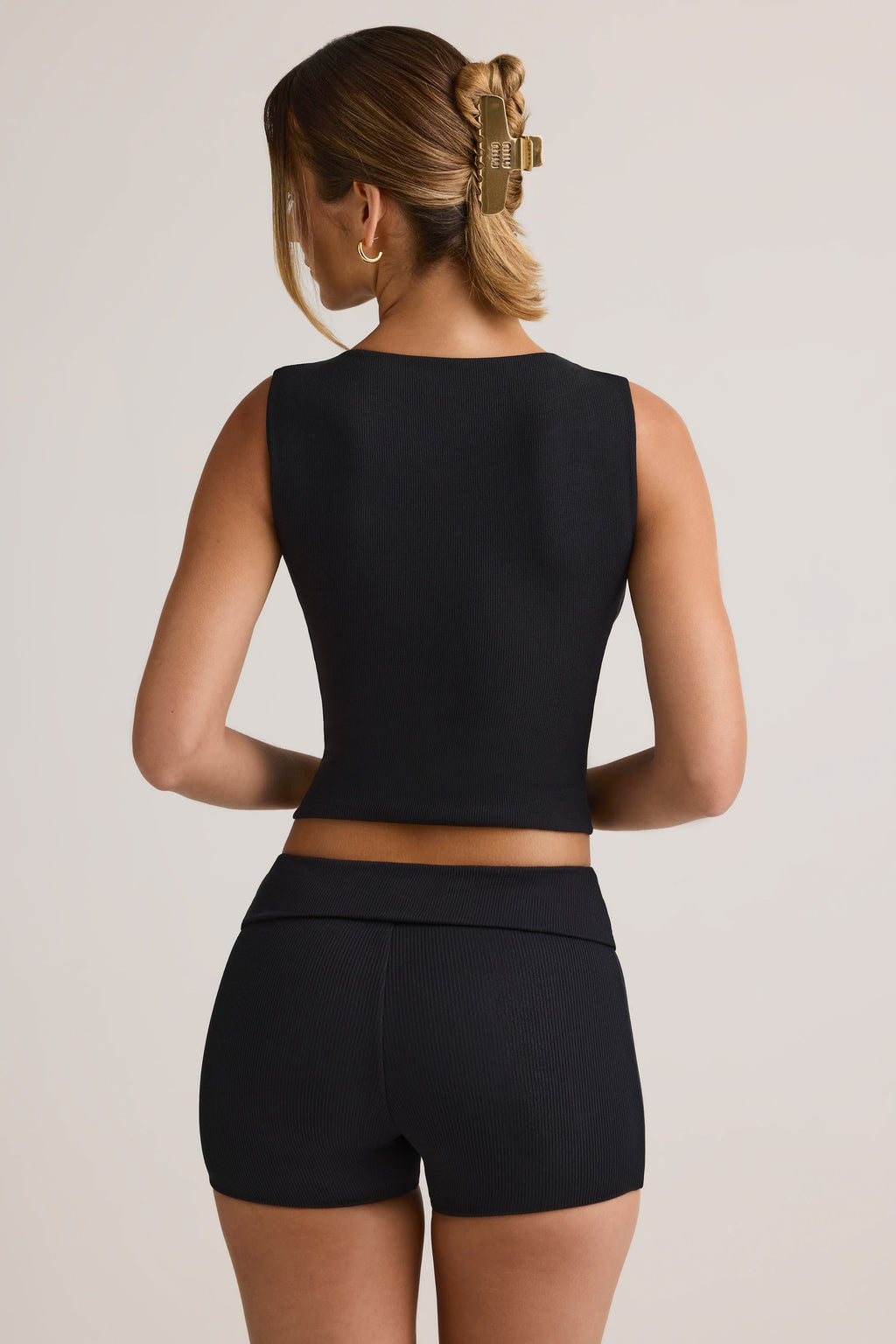 Chic Modal Ribbed Mid-Rise Foldover Shorts in Black