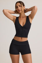 Chic Modal Ribbed Mid-Rise Foldover Shorts in Black