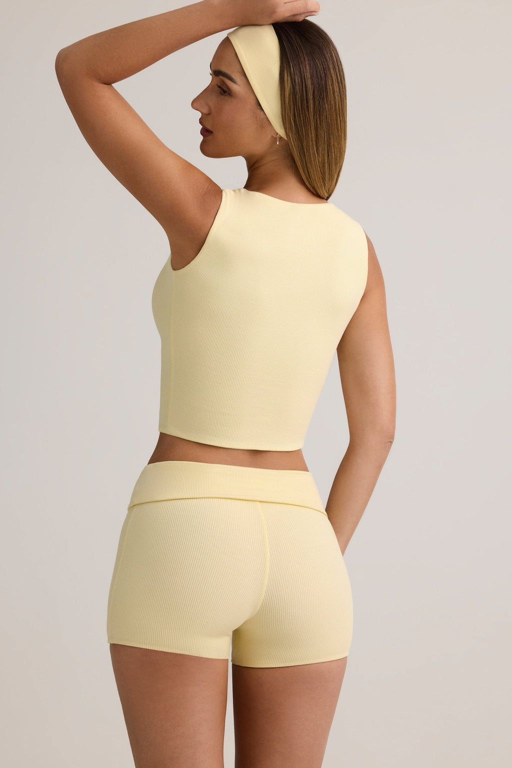 Chic Modal Ribbed Mid-Rise Foldover Shorts in Buttercream Yellow