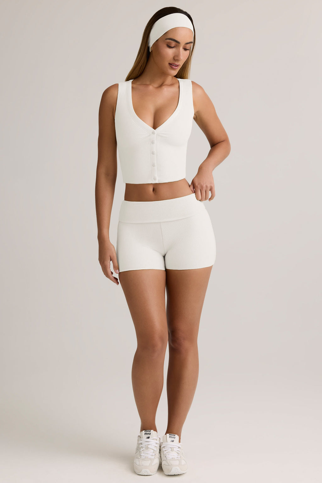 Chic Modal Ribbed Mid-Rise Foldover Shorts in White
