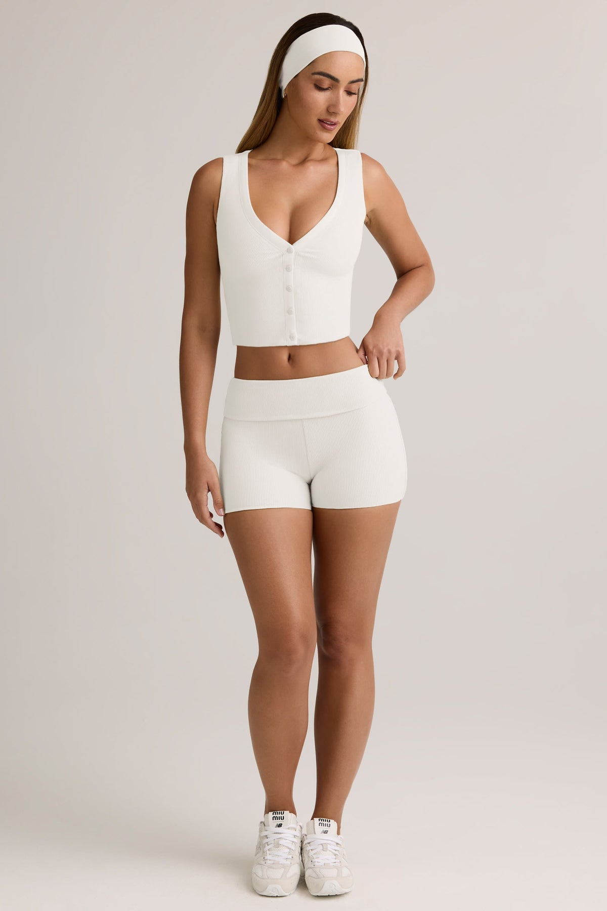 Chic Modal Ribbed Mid-Rise Foldover Shorts in White