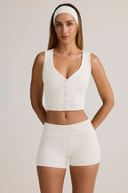 Chic Modal Ribbed Mid-Rise Foldover Shorts in White