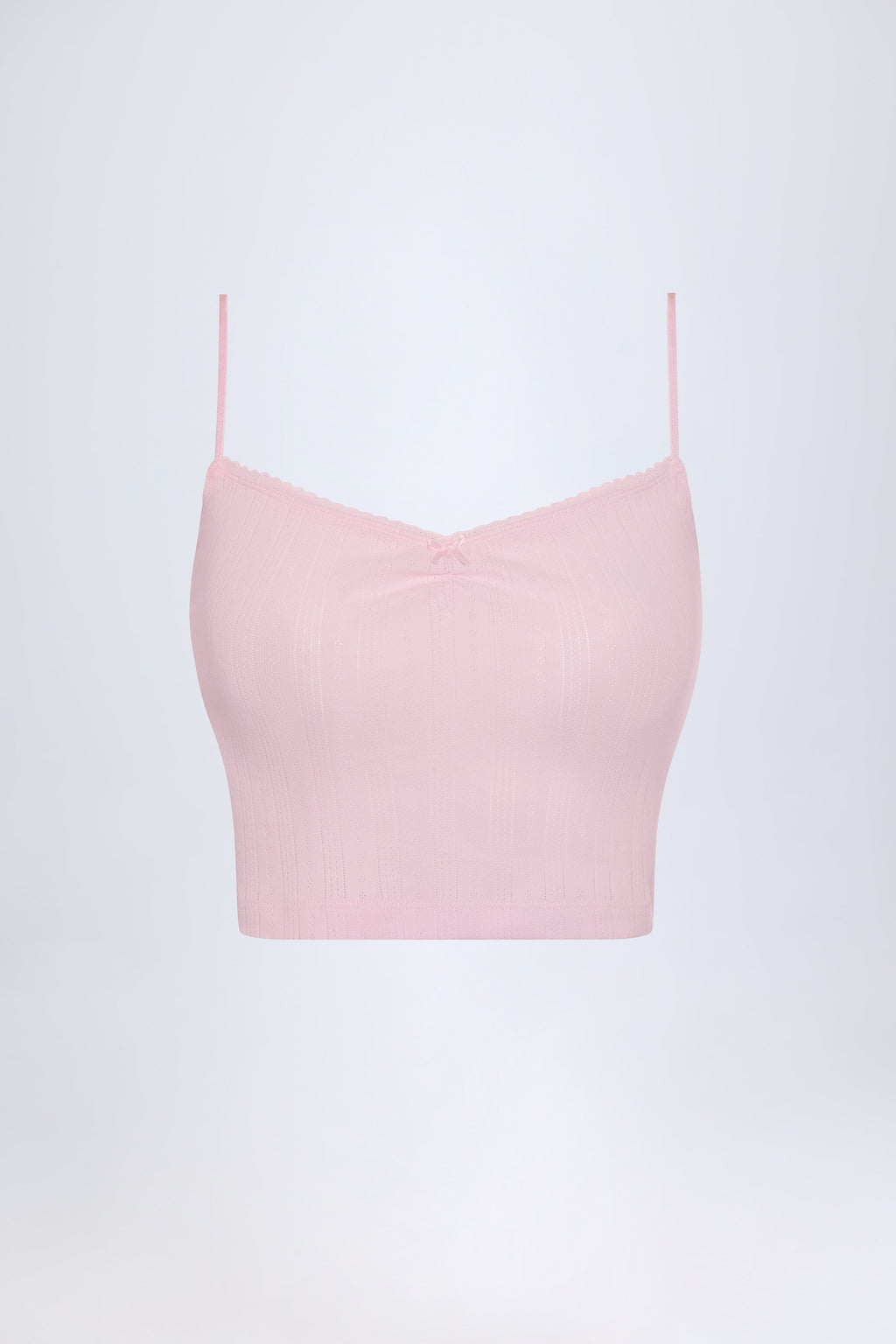Chic Pointelle Ruched Camisole Crop Top in Baby Pink