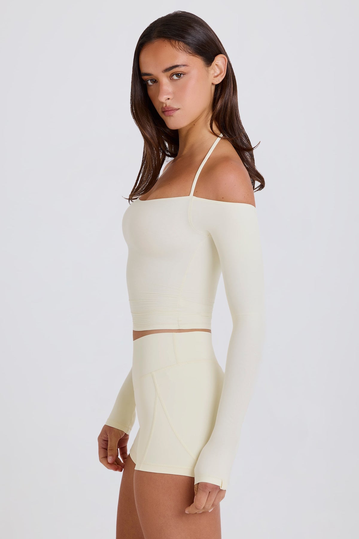 Chic Soft Jersey Off-Shoulder Halterneck Longline Top in Cream