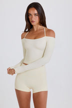 Chic Soft Jersey Off-Shoulder Halterneck Longline Top in Cream