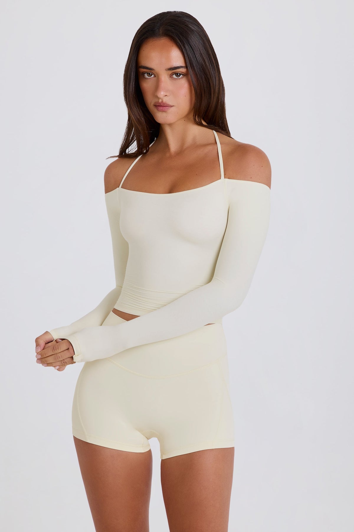 Chic Soft Jersey Off-Shoulder Halterneck Longline Top in Cream
