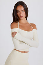 Chic Soft Jersey Off-Shoulder Halterneck Longline Top in Cream