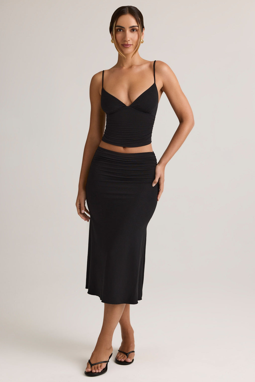 Chic Modal Ruched Mid-Rise Midaxi Skirt in Black