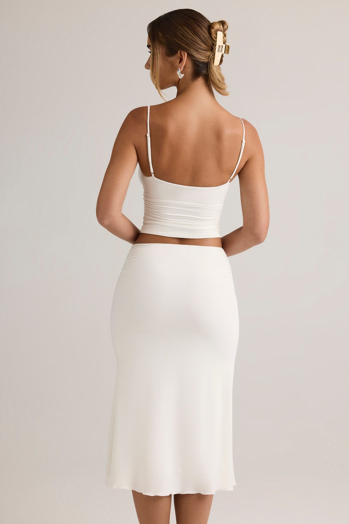 Chic Modal Ruched Mid-Rise Midaxi Skirt in White