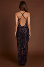 Chic Embellished Halterneck Maxi Dress in Purple Snake