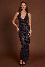 Chic Embellished Halterneck Maxi Dress in Purple Snake
