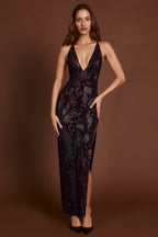 Chic Embellished Halterneck Maxi Dress in Purple Snake