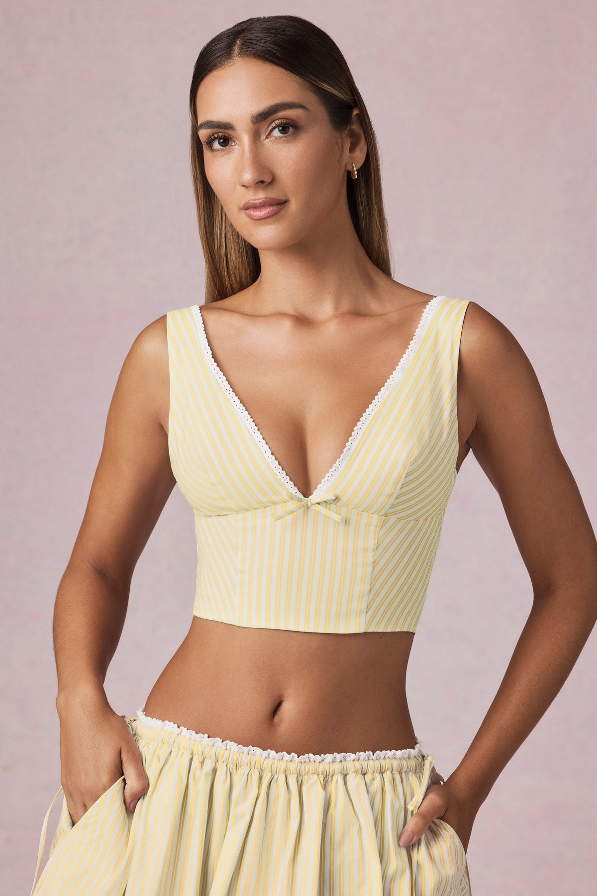 Chic Bow-Detail Crop Top in Lemon Yellow Stripe