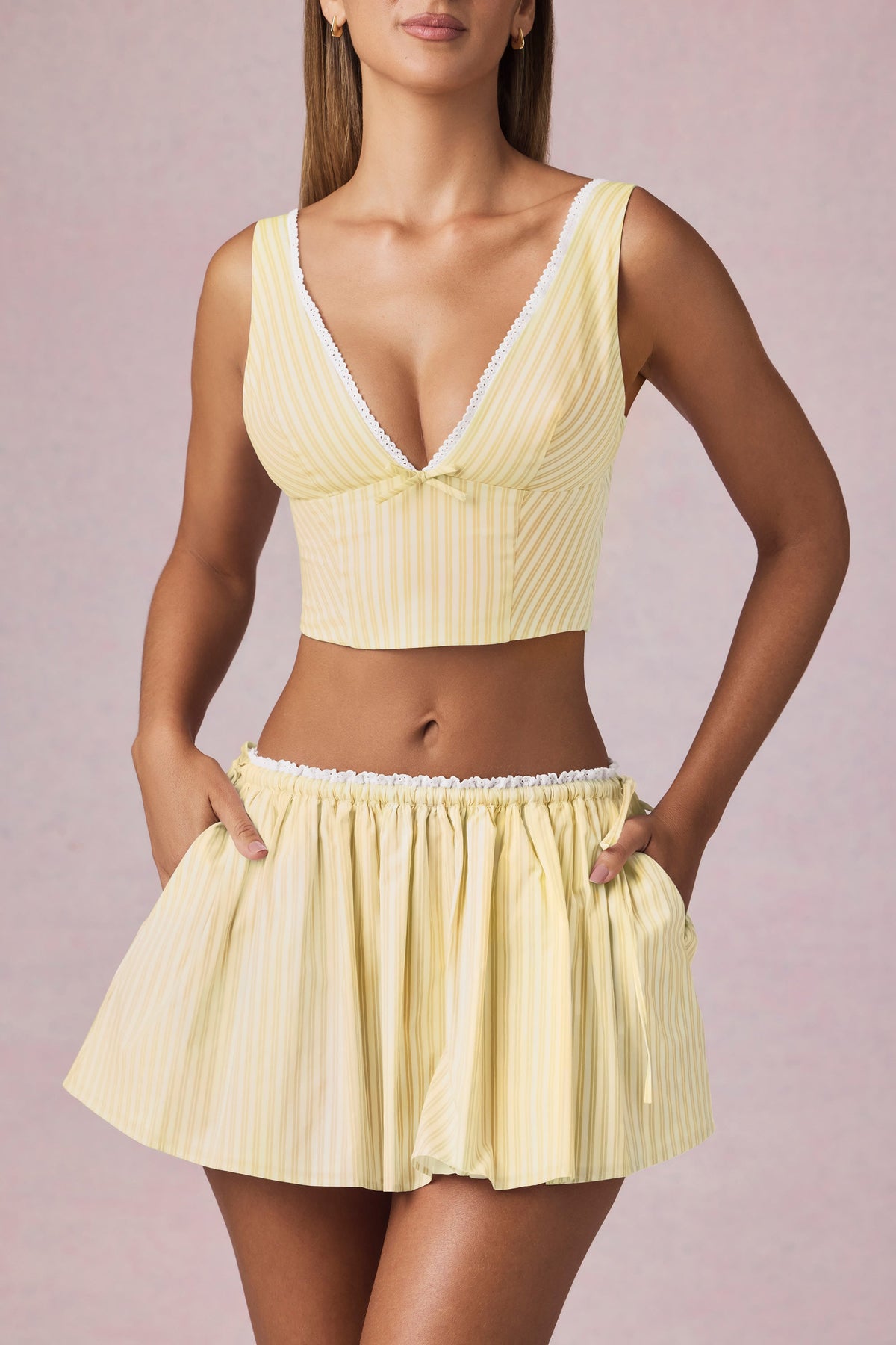 Chic Bow-Detail Crop Top in Lemon Yellow Stripe