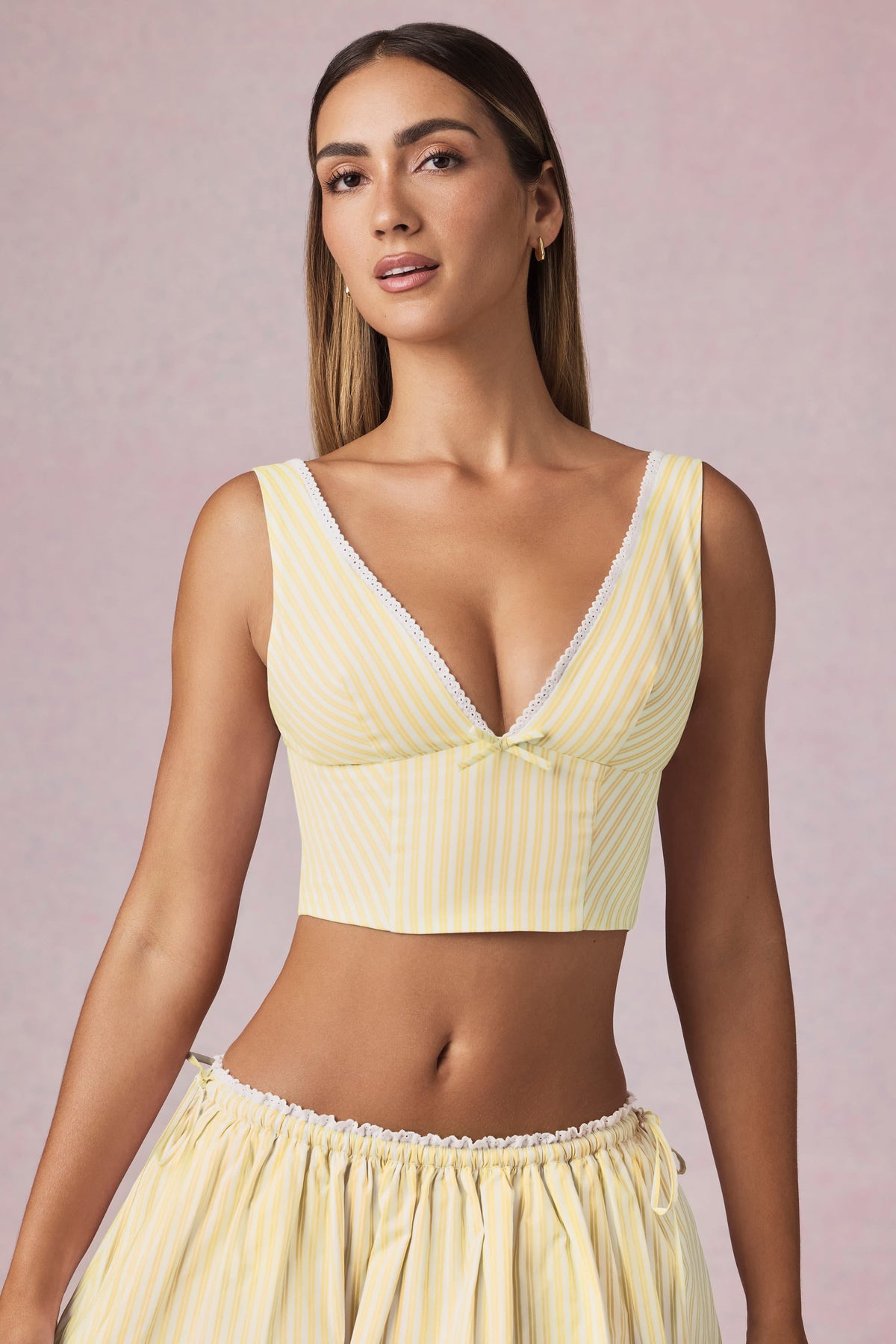 Chic Bow-Detail Crop Top in Lemon Yellow Stripe