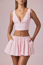 Chic Bow-Detail Crop Top in Soft Mauve Stripe
