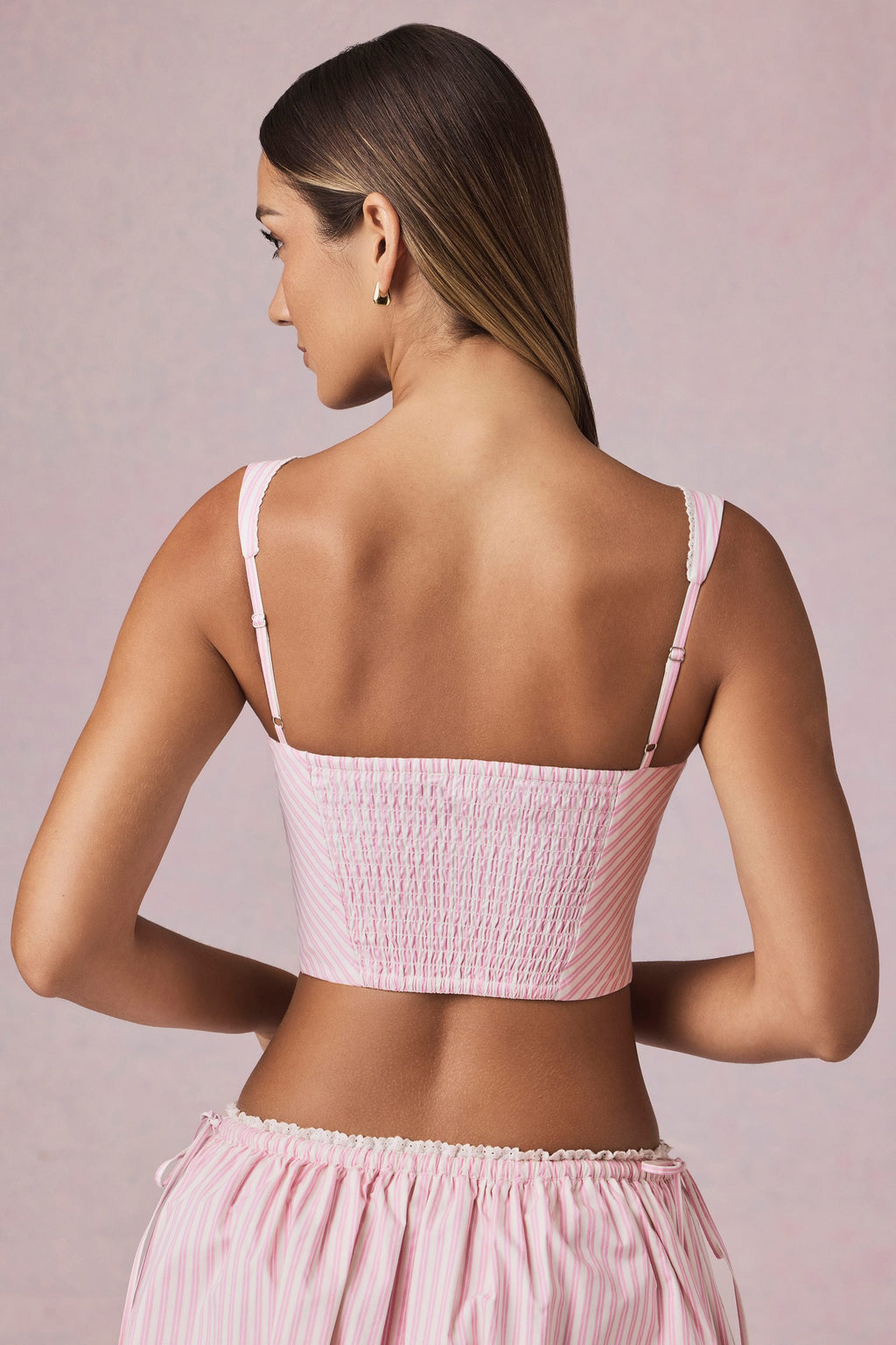 Chic Bow-Detail Crop Top in Soft Mauve Stripe