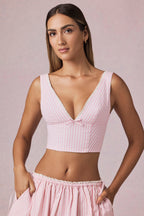 Chic Bow-Detail Crop Top in Soft Mauve Stripe