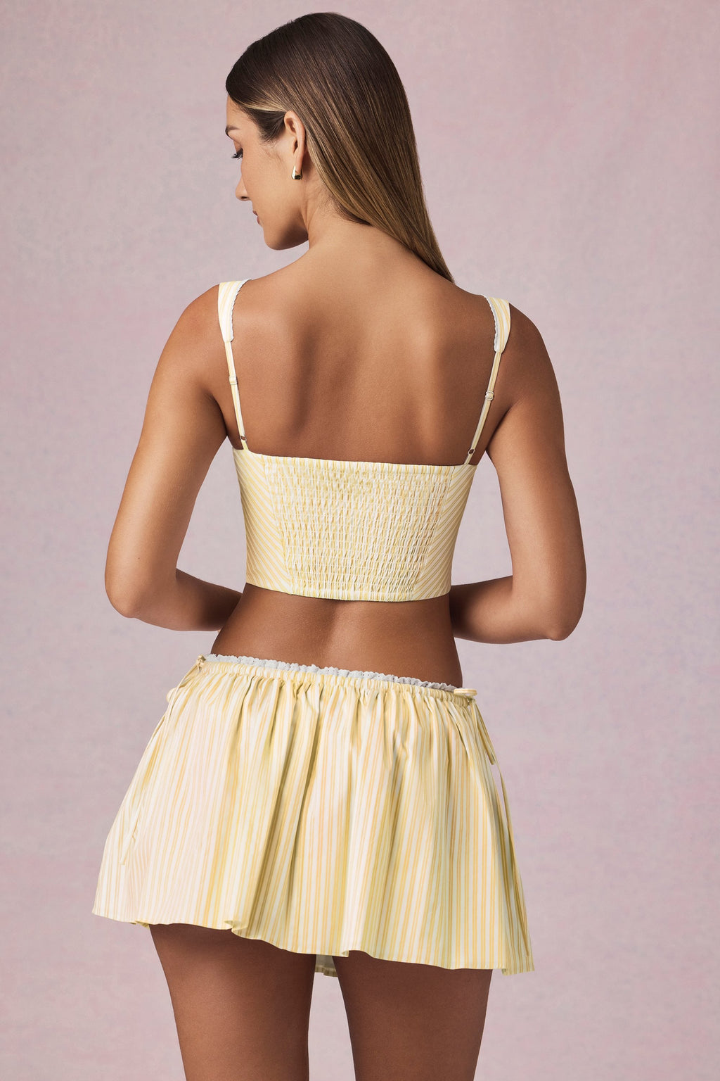 Chic Ruched Drawstring Mini Skirt in Lemon Yellow Stripe