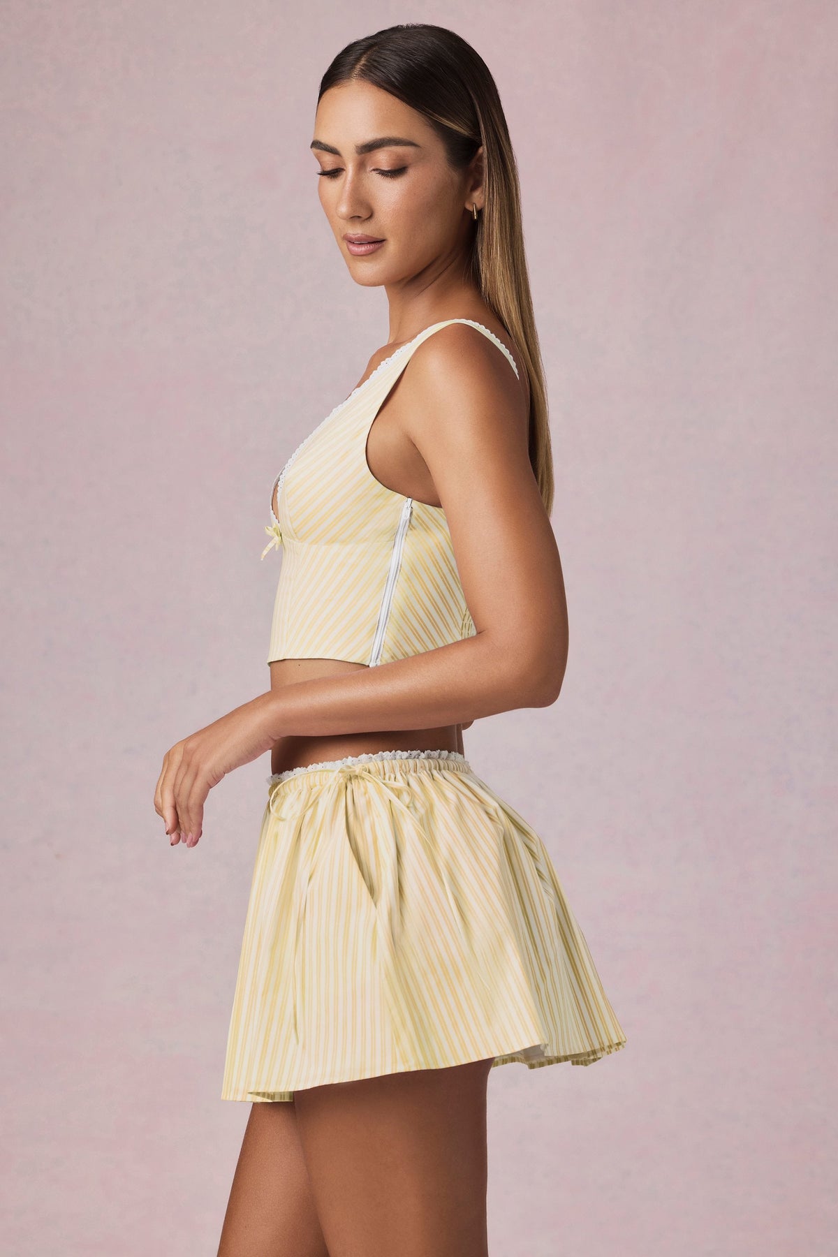 Chic Ruched Drawstring Mini Skirt in Lemon Yellow Stripe