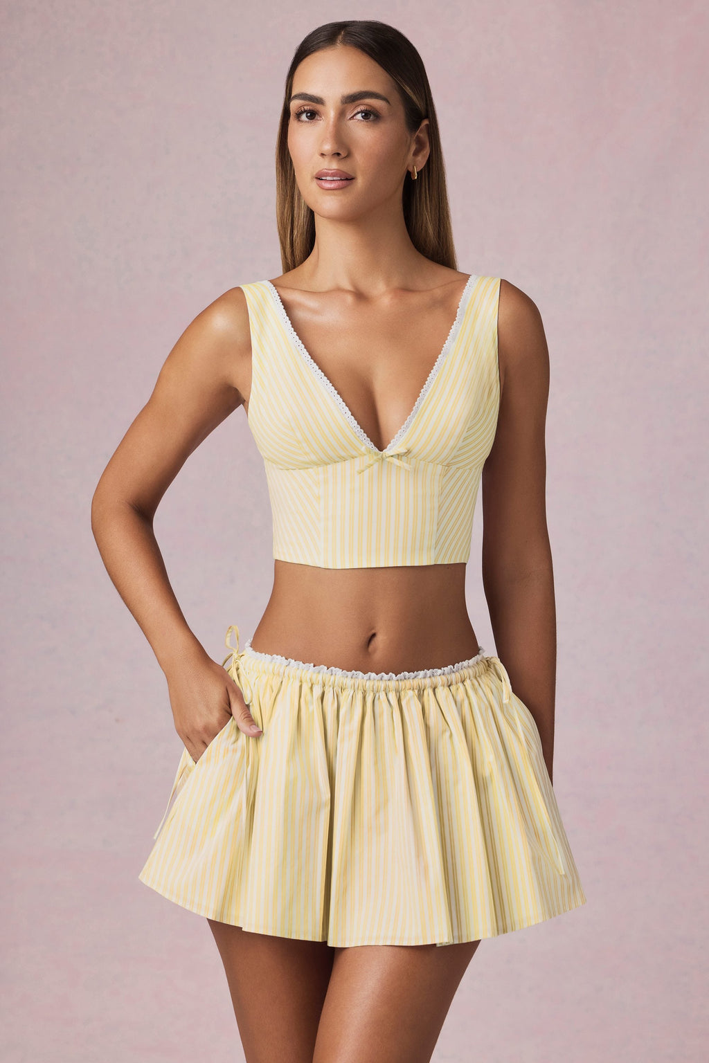 Chic Ruched Drawstring Mini Skirt in Lemon Yellow Stripe