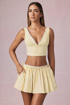Chic Ruched Drawstring Mini Skirt in Lemon Yellow Stripe
