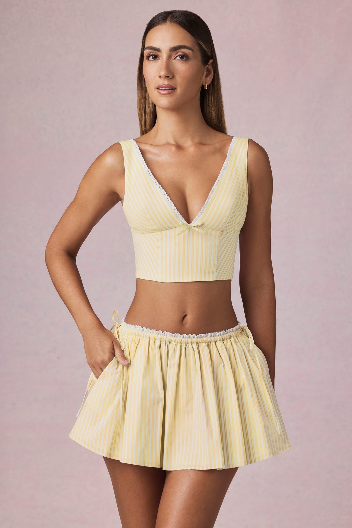 Chic Ruched Drawstring Mini Skirt in Lemon Yellow Stripe