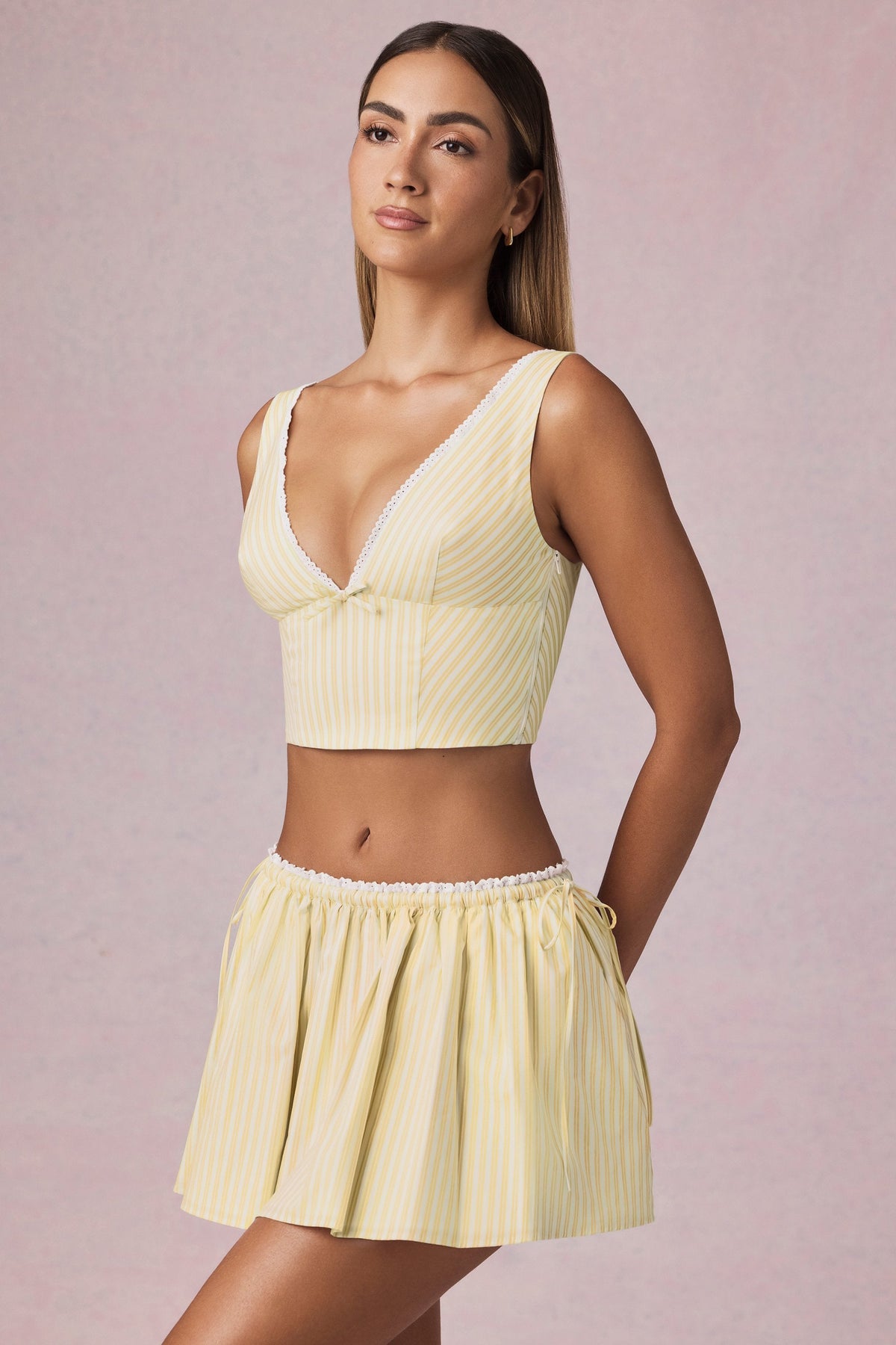 Chic Ruched Drawstring Mini Skirt in Lemon Yellow Stripe