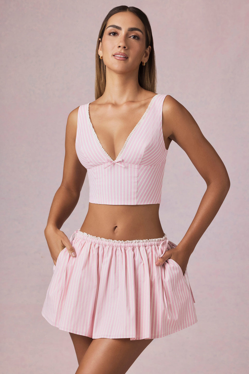 Chic Ruched Drawstring Mini Skirt in Soft Mauve Stripe