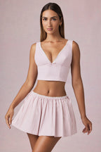 Chic Ruched Drawstring Mini Skirt in Soft Mauve Stripe
