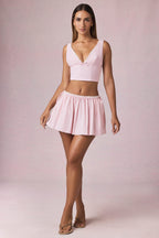 Chic Ruched Drawstring Mini Skirt in Soft Mauve Stripe