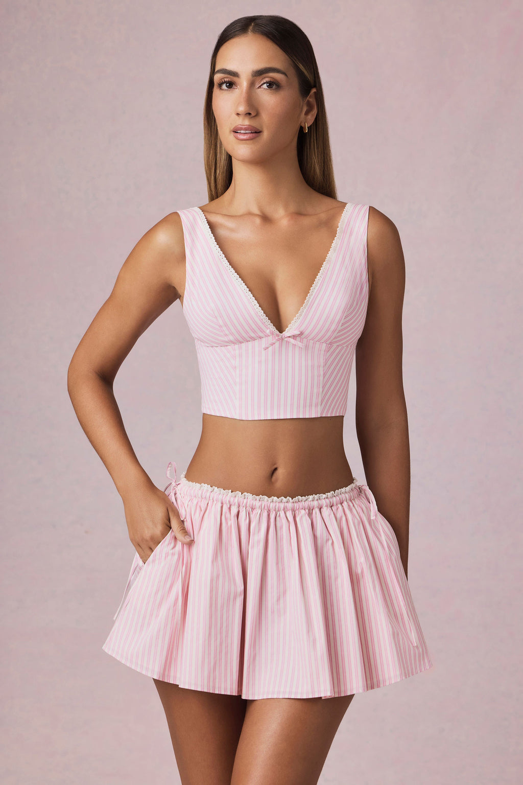 Chic Ruched Drawstring Mini Skirt in Soft Mauve Stripe