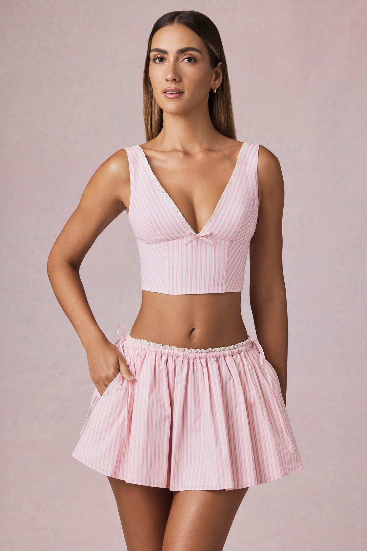 Chic Ruched Drawstring Mini Skirt in Soft Mauve Stripe