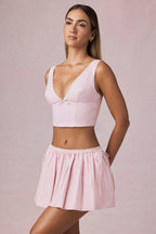 Chic Ruched Drawstring Mini Skirt in Soft Mauve Stripe