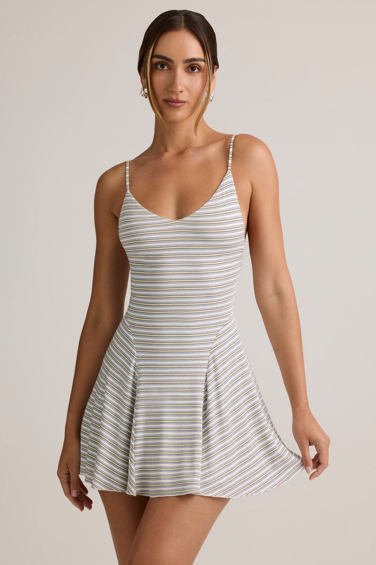 Chic Modal Ribbed Tie-Back A-Line Mini Dress in Blue Yellow Stripe