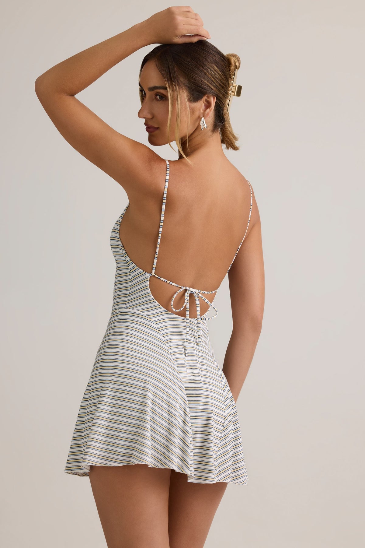 Chic Modal Ribbed Tie-Back A-Line Mini Dress in Blue Yellow Stripe