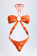 Chic Cut-Out Halterneck Swimsuit in Orange Orchid Print
