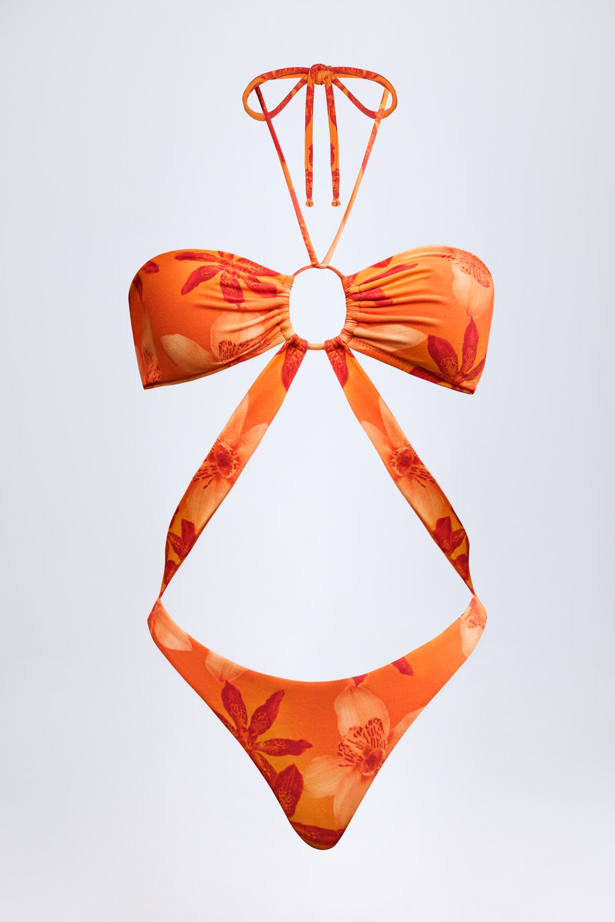 Chic Cut-Out Halterneck Swimsuit in Orange Orchid Print