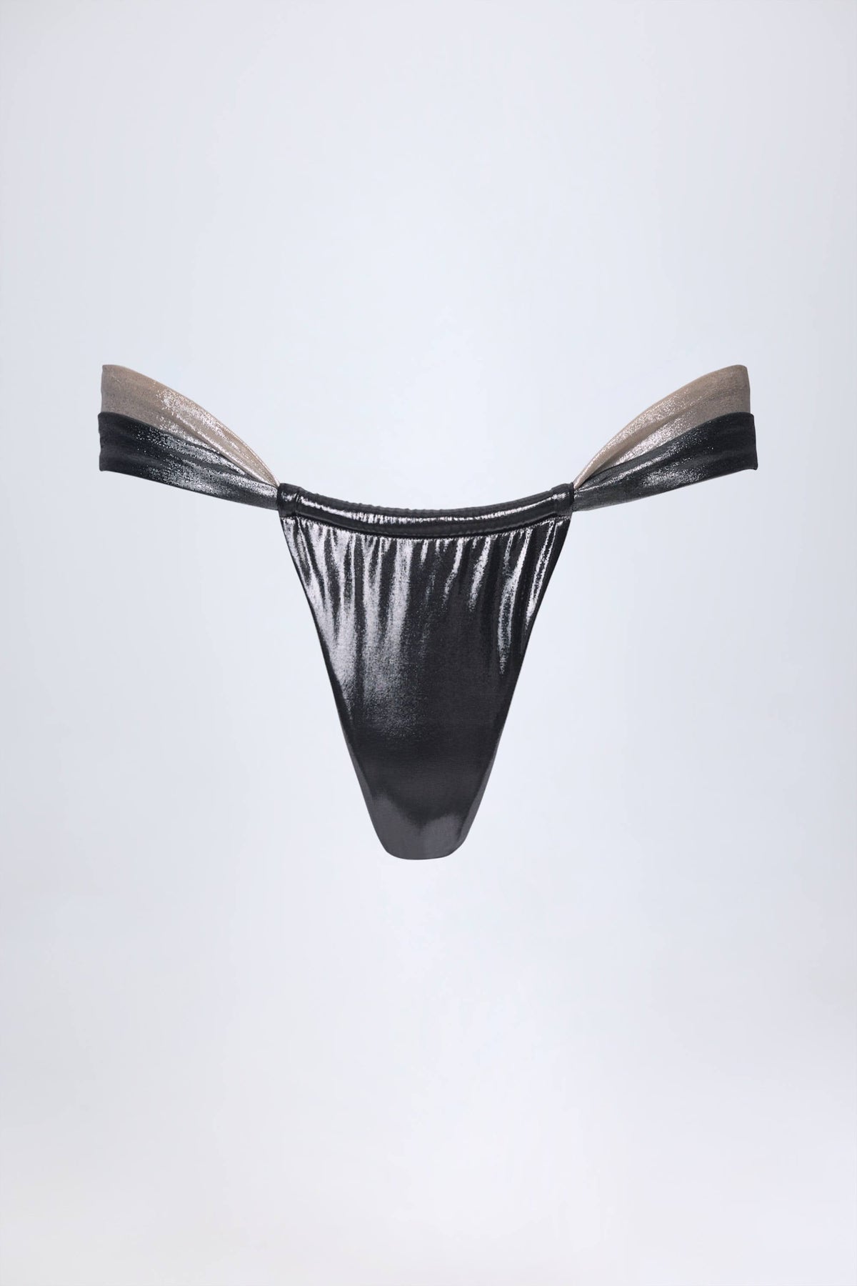 Chic Ruched Thong Bikini Bottoms in Silver Chrome