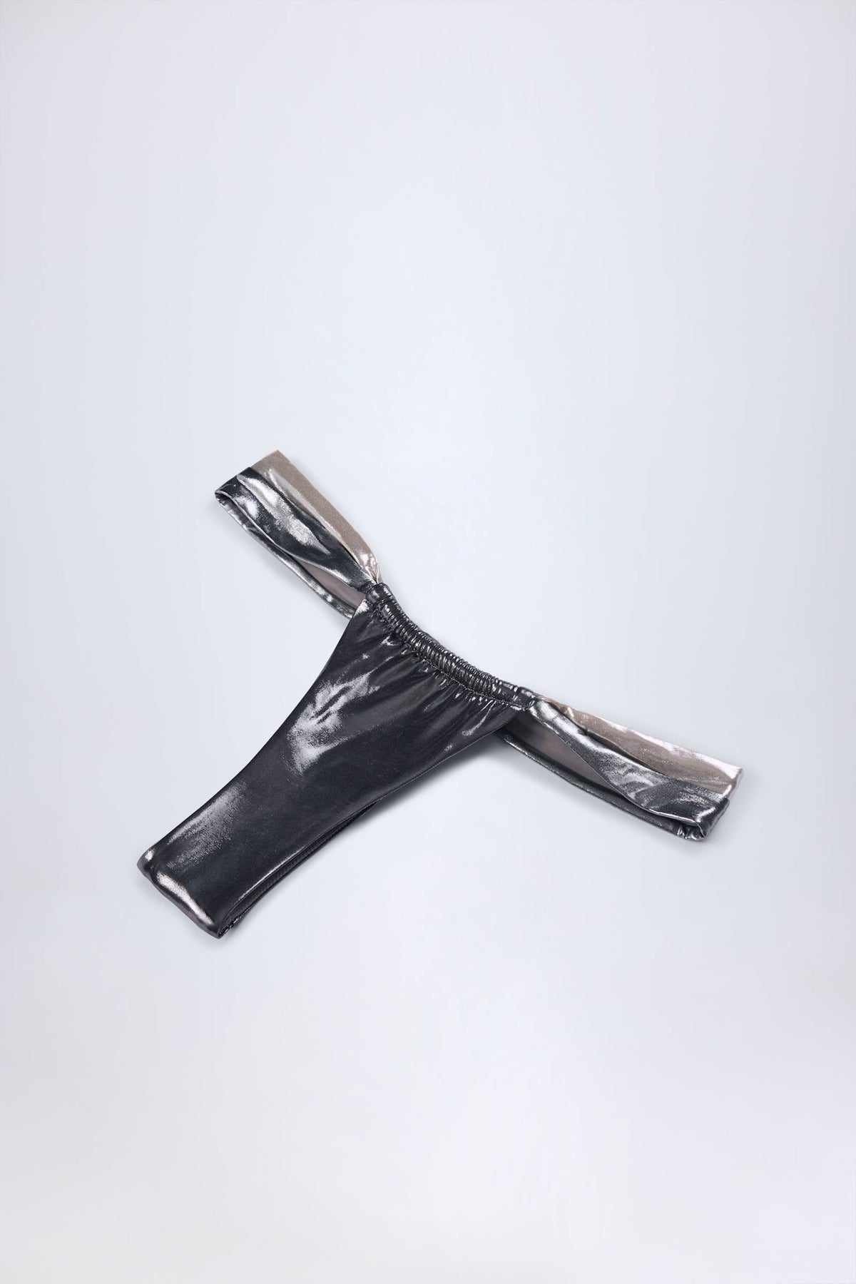 Chic Ruched Thong Bikini Bottoms in Silver Chrome