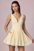 Chic Bow-Detail A-Line Mini Dress in Lemon Yellow Stripe