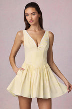 Chic Bow-Detail A-Line Mini Dress in Lemon Yellow Stripe