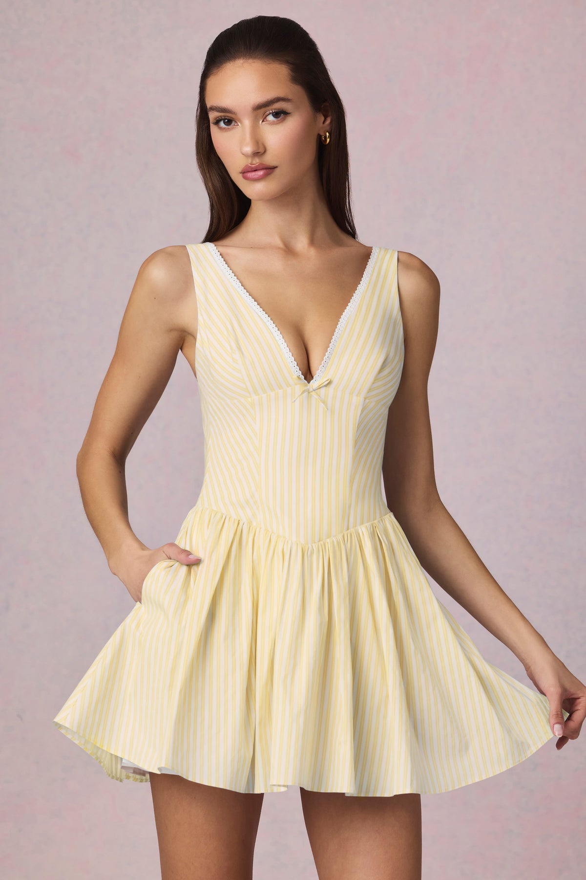 Chic Bow-Detail A-Line Mini Dress in Lemon Yellow Stripe