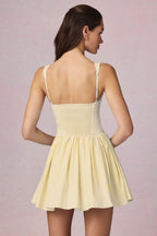 Chic Bow-Detail A-Line Mini Dress in Lemon Yellow Stripe